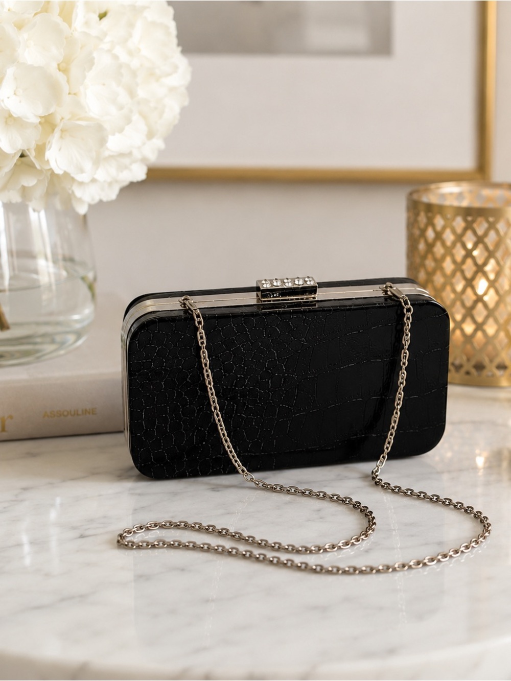 Kate Landry Faux Croc Embossed Box Evening Bag Silver Chain Rhinestone Clasp